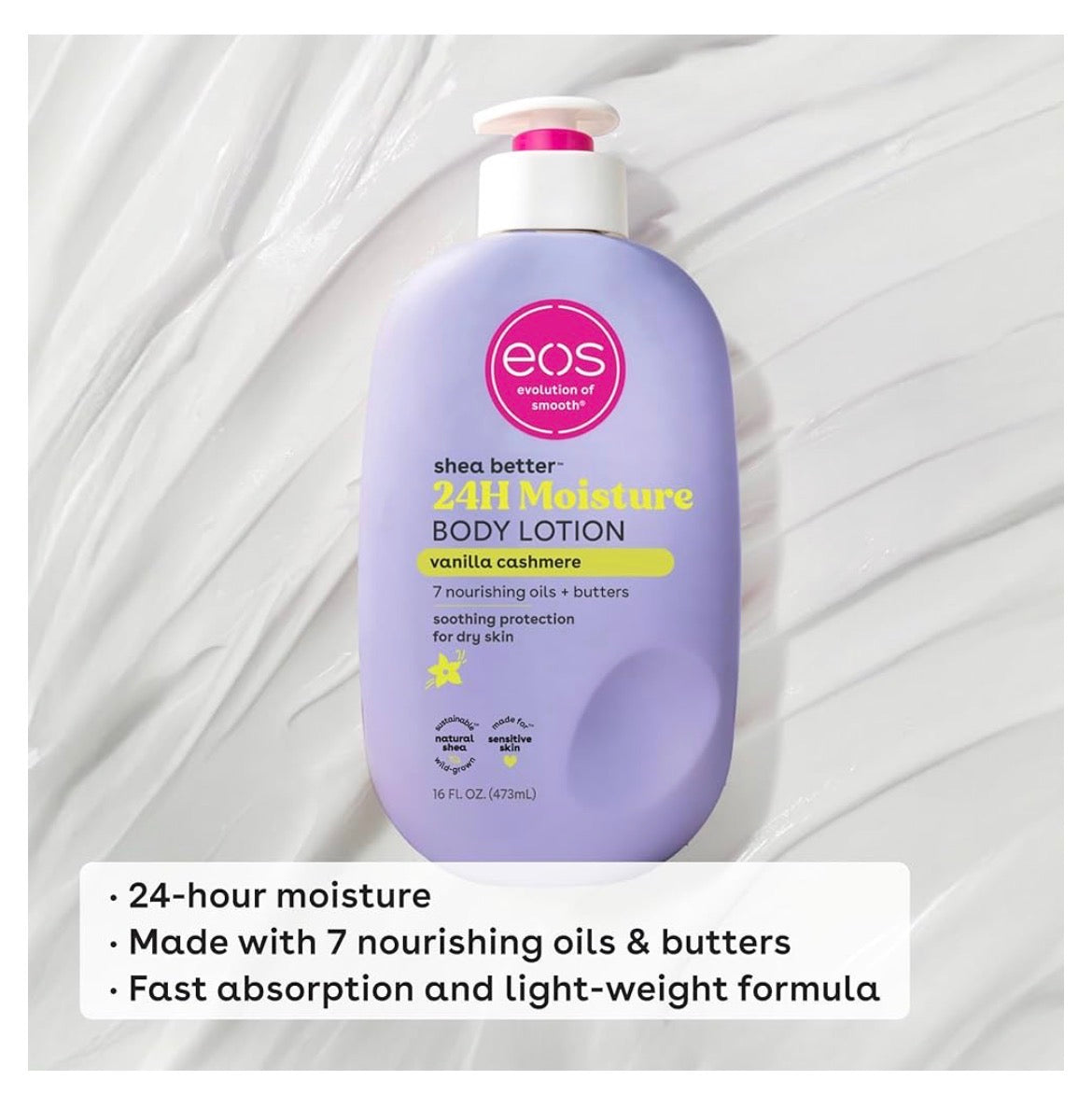 eos Shea Better Body Lotion Vanilla Cashmere, 24-Hour Moisture Skin Care, Lightweight & Non-Greasy, Natural Shea, Vegan, Vanilla Body Lotion, 16 fl oz