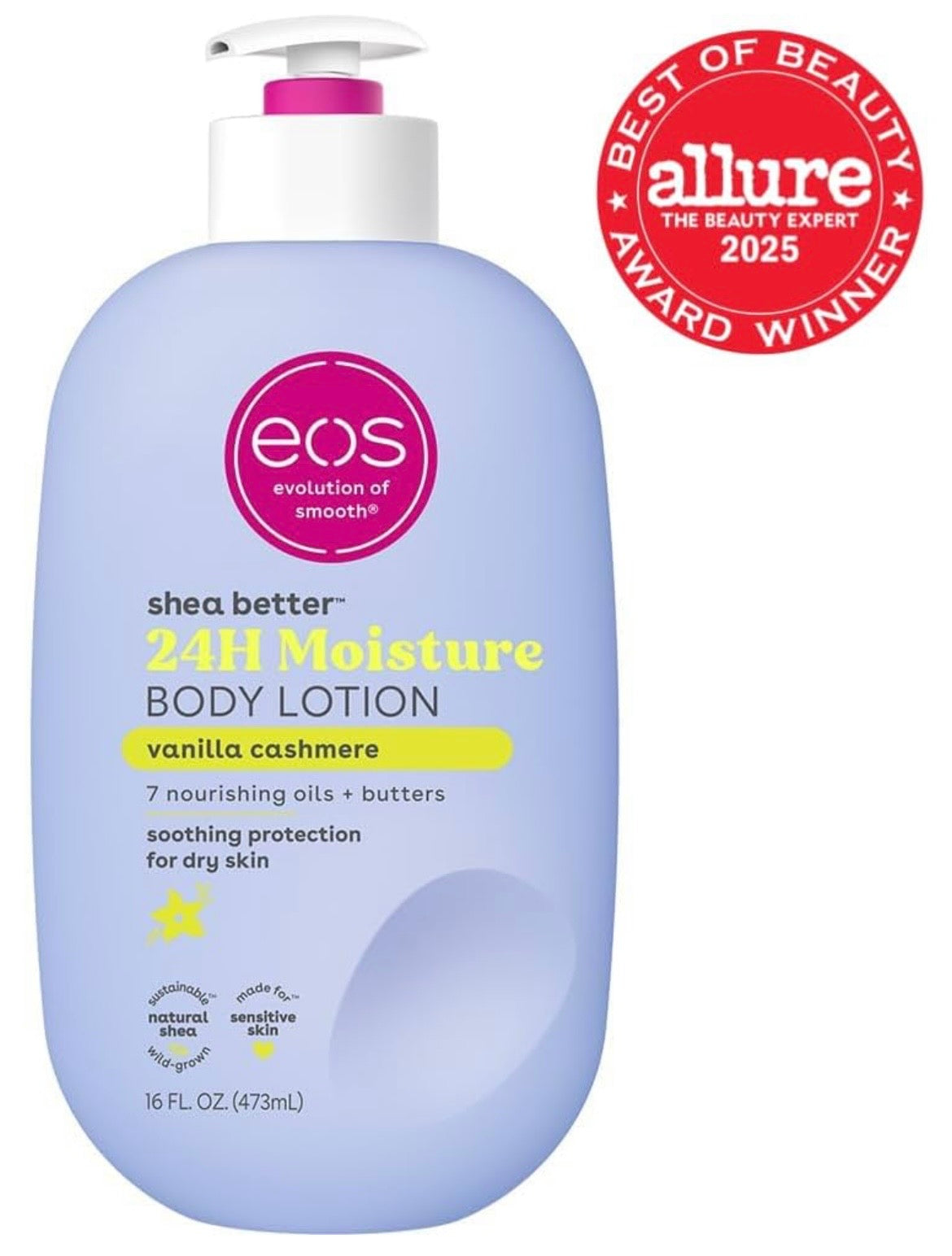 eos Shea Better Body Lotion Vanilla Cashmere, 24-Hour Moisture Skin Care, Lightweight & Non-Greasy, Natural Shea, Vegan, Vanilla Body Lotion, 16 fl oz