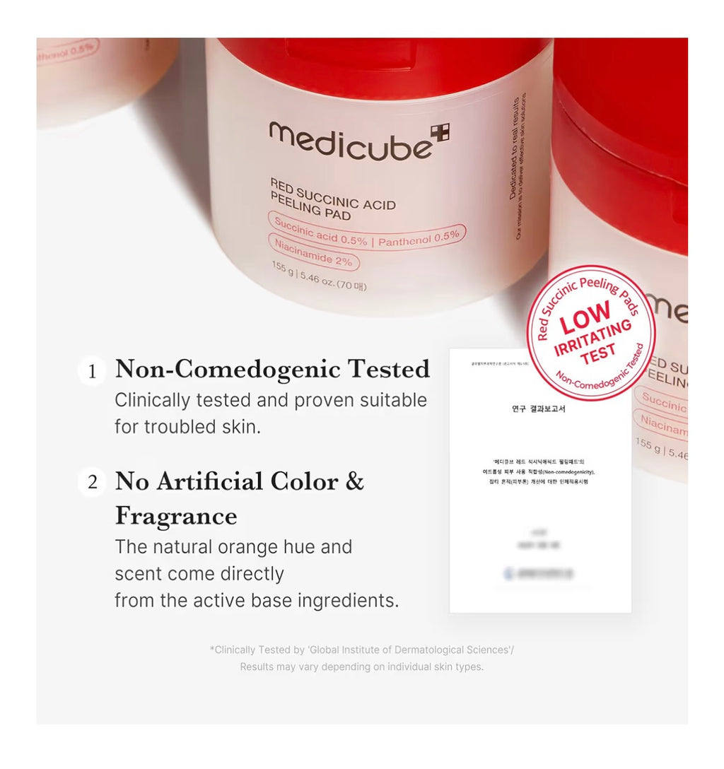 medicube Red Succinic Acid Panthenol Facial Peeling Pads - Exfoliating Toner Pads for Breakout-Prone Skin with Niacinamide, AHA, BHA, and Soothing Panthenol - Non-Comedogenic