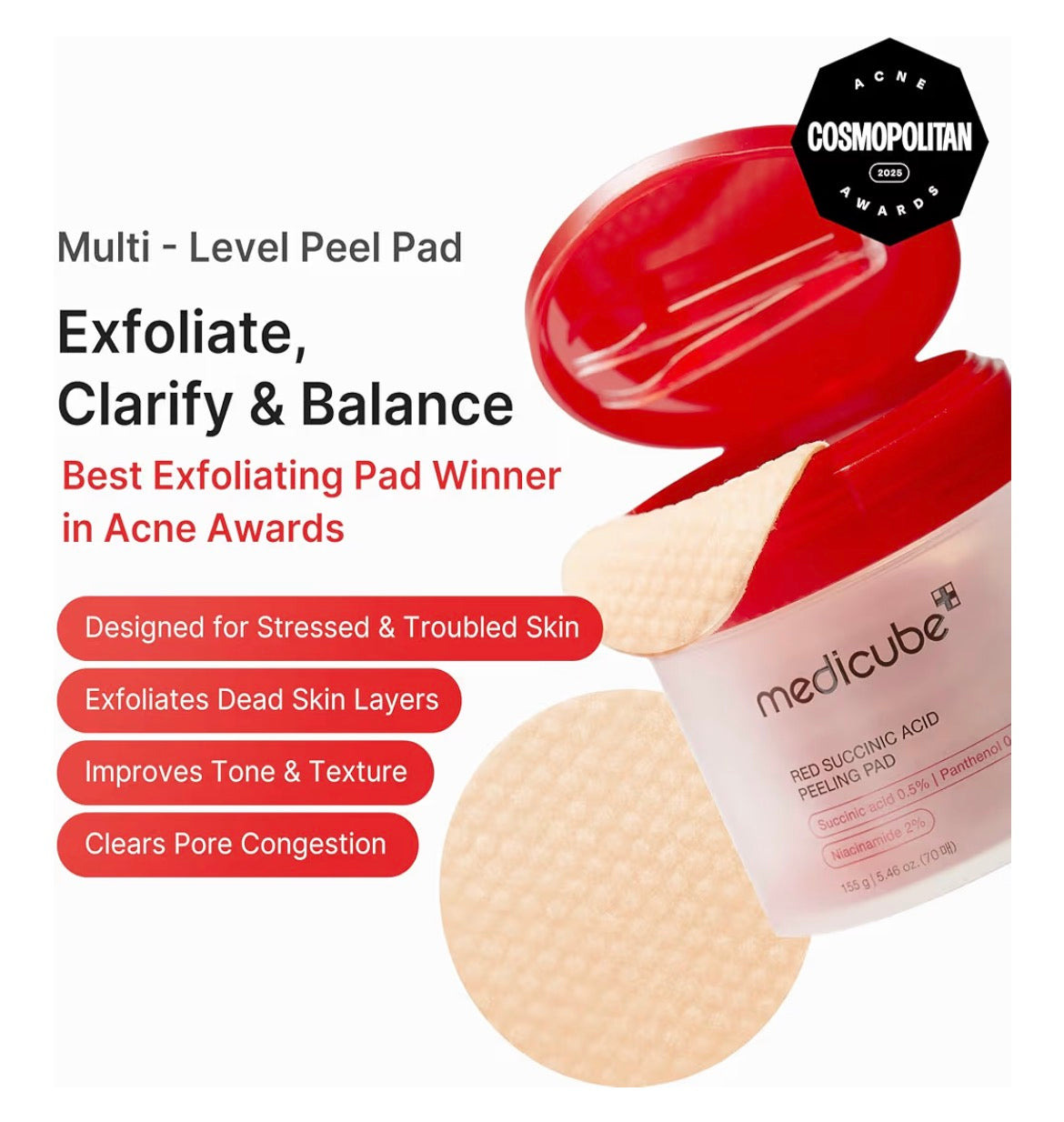 medicube Red Succinic Acid Panthenol Facial Peeling Pads - Exfoliating Toner Pads for Breakout-Prone Skin with Niacinamide, AHA, BHA, and Soothing Panthenol - Non-Comedogenic